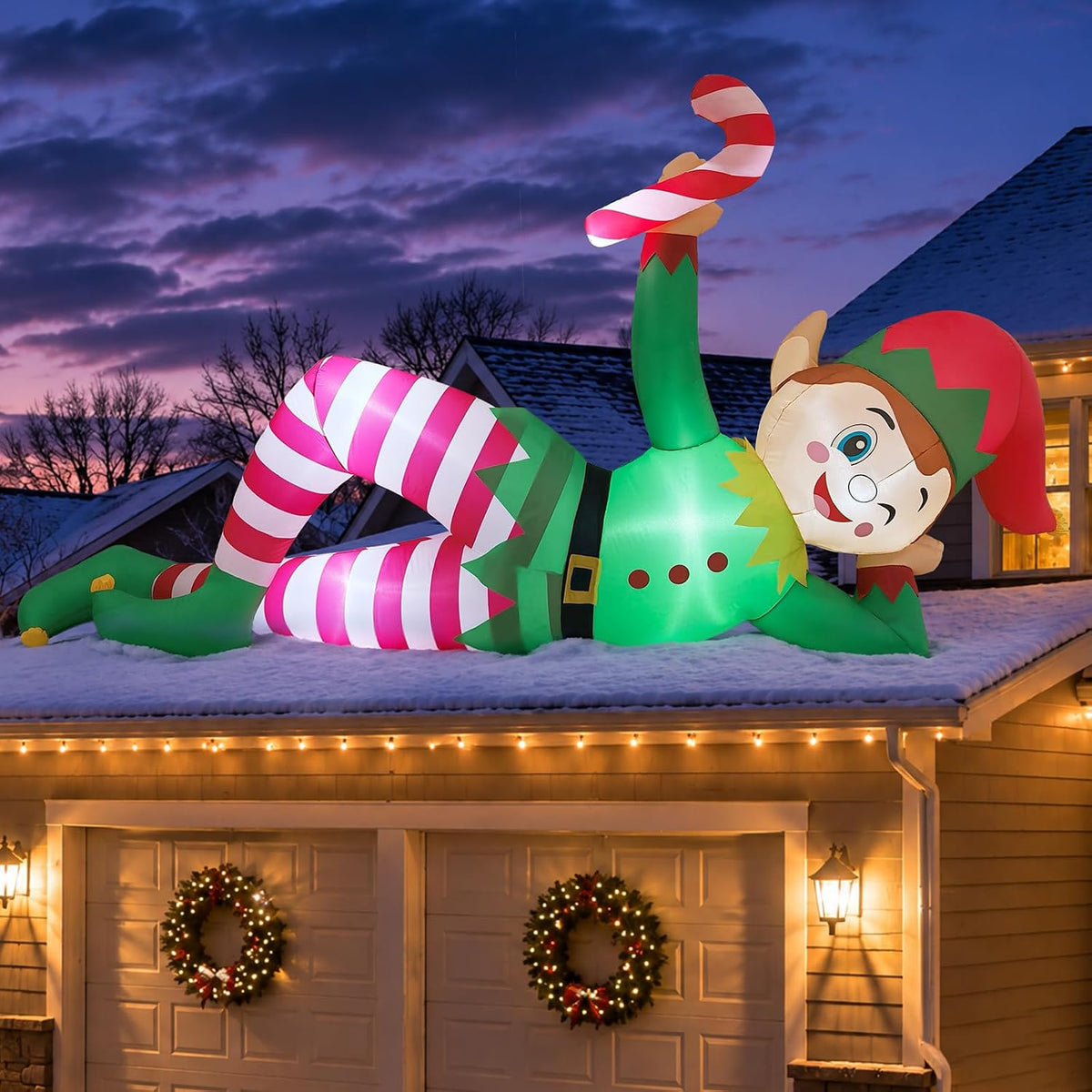 10 FT Christmas Inflatable Lying Elf with Candy Cane for Outdoor Yard Decor / Playful Winking and Waving De