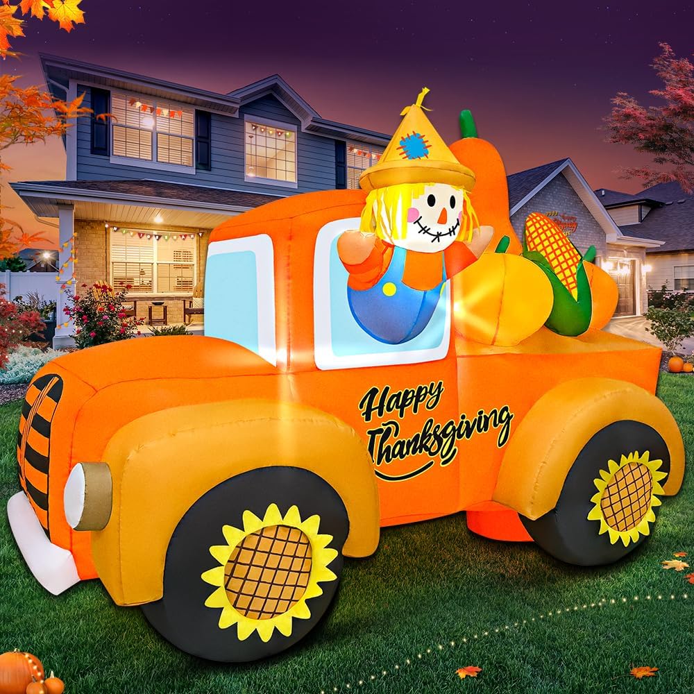 6FT Thanksgiving Inflatables Outdoor Decoration Inflatable Car with Scarecrow, Built in LED Lights Blow Up