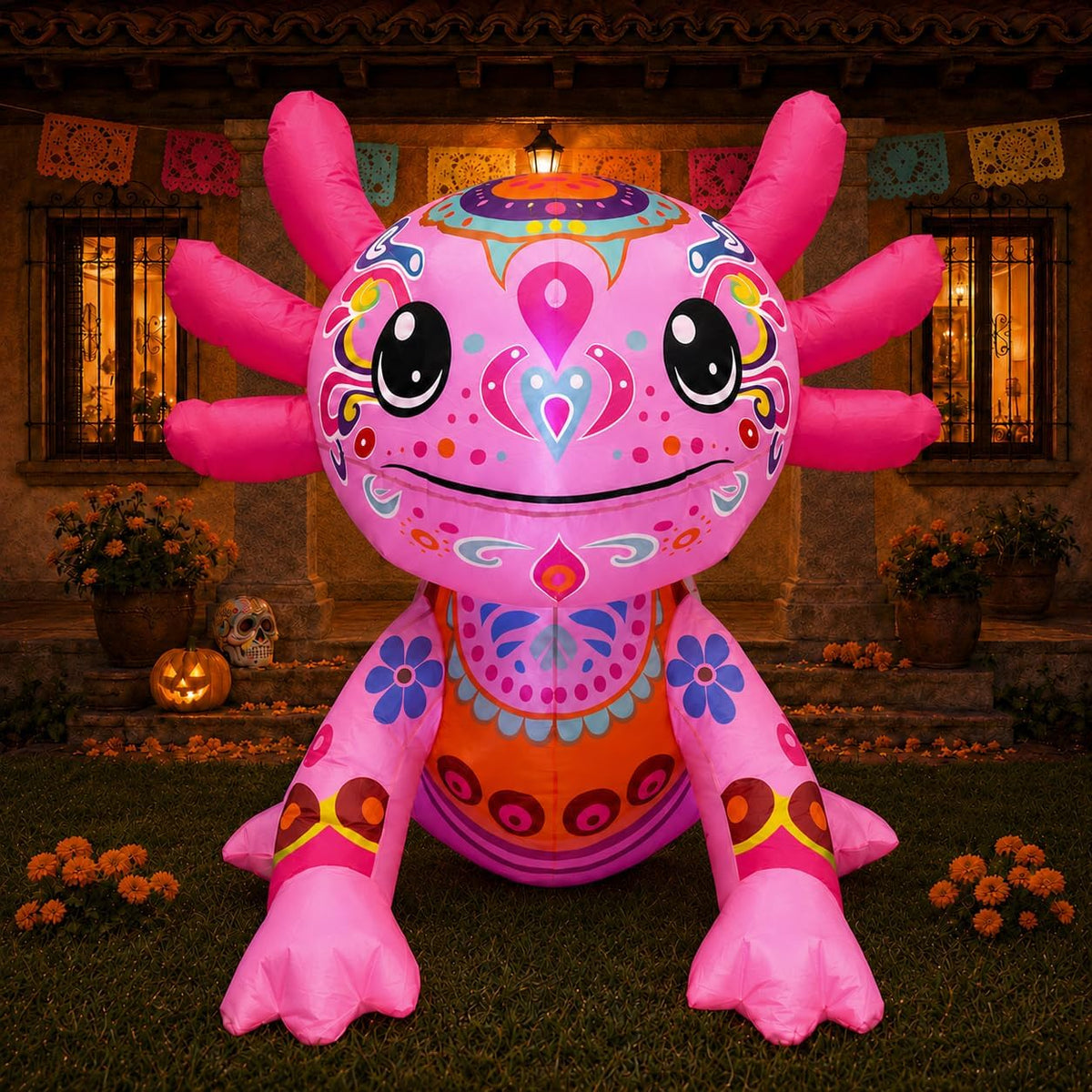 4FT Halloween Inflatable Axolotl Decorations,Day of the Dead Blow Up Decor / Mexican Alebrijes Design,
