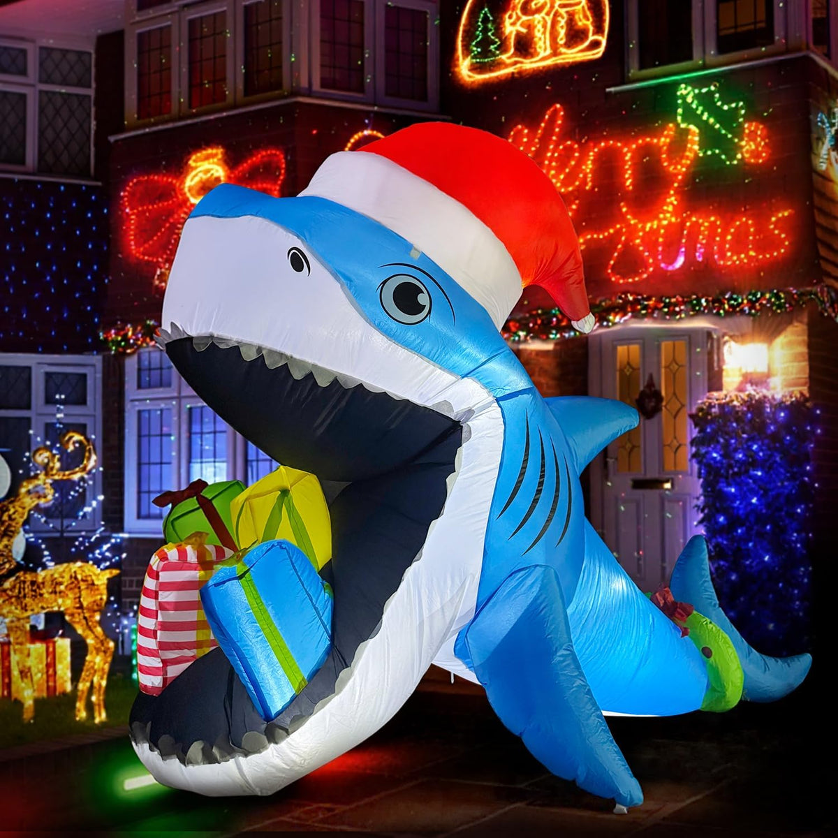 TwinkYard 6FT Long Christmas Inflatables Shark and Gift Box, Funny Christmas Blow Ups Shark Decoration,