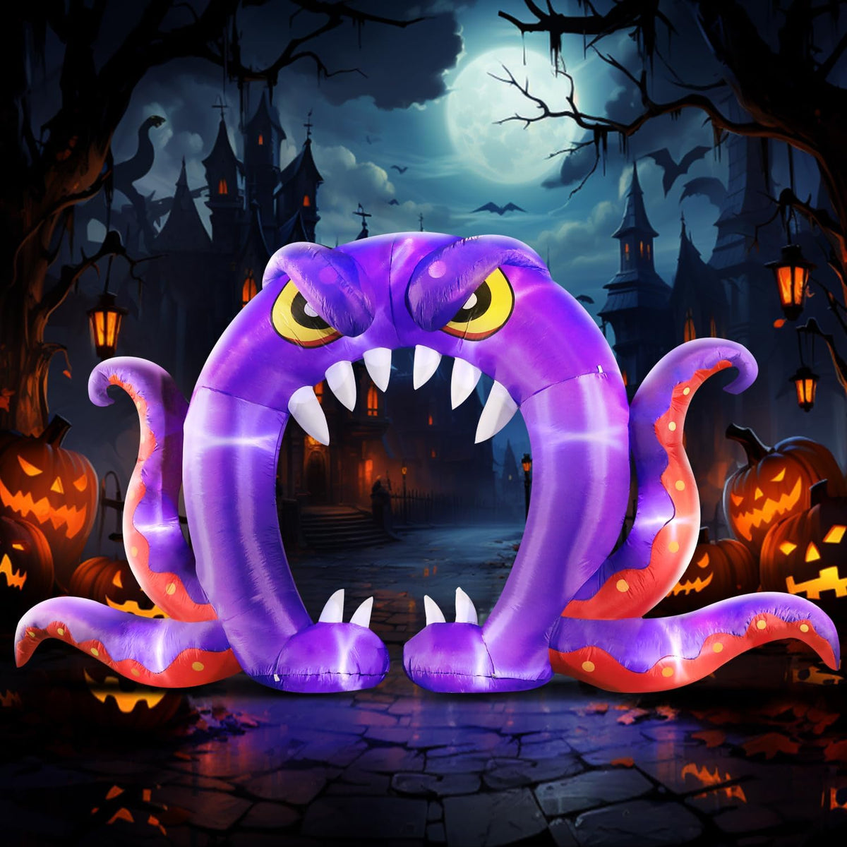 DomKom Halloween Inflatable Blow Up Decorations, 16FT Long 8FT Tall Purple Monster Octopus Archway, Built-in