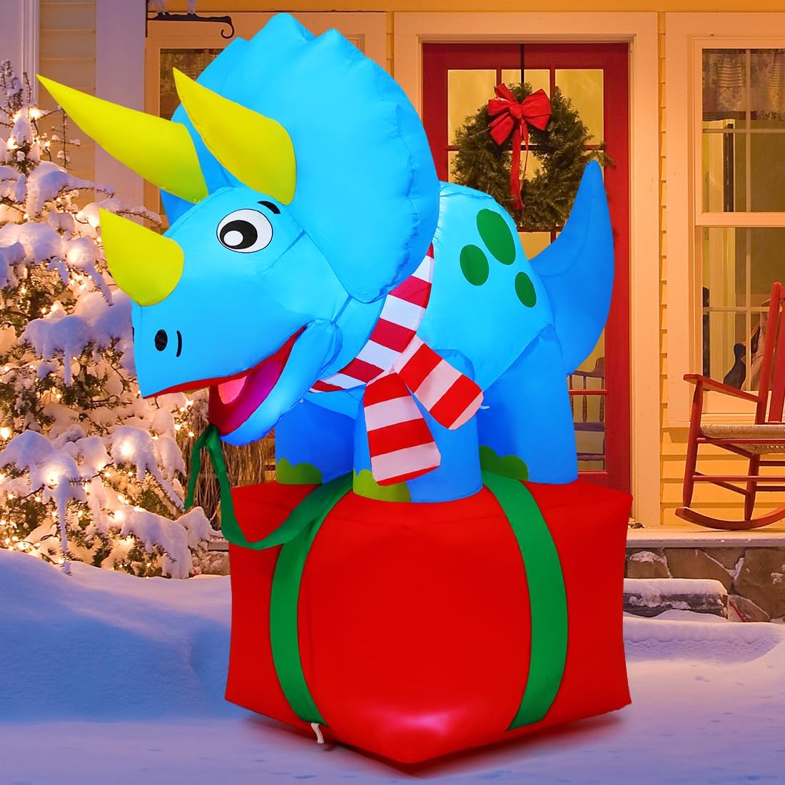 COMIN 5FT Christmas Inflatables Dinosaur in Gift Box Outdoor Decorations / Built-in LEDs and festive dinosaur