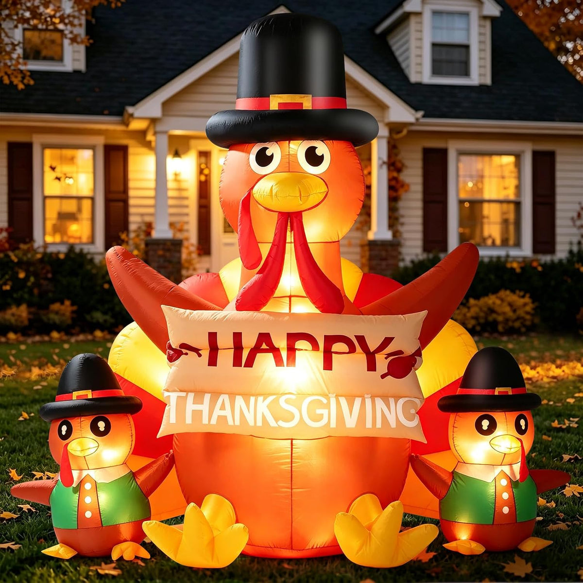 Partyotu 6FT Thanksgiving Inflatable Turkey Family Decorations / Outdoor Blow Up Decor with Happy