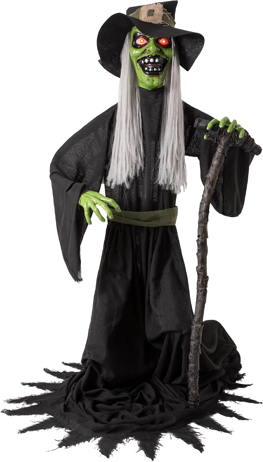 Halloween Animatronic Jump-Scare Witch Decoration, Sound Activated, Red Eyes, Spooky Sounds, Halloween Decor