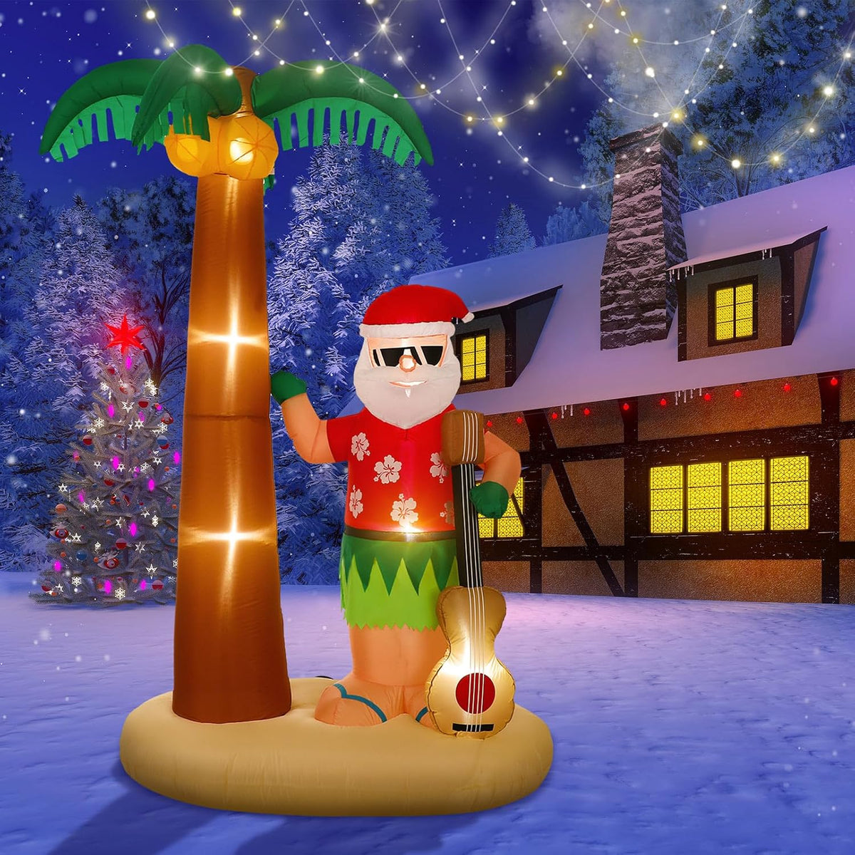 Liliful 8 Ft Tall Christmas Santa Inflatable Outdoor Decorations Hula Santa Claus on Beach Palm Tree Outdoor
