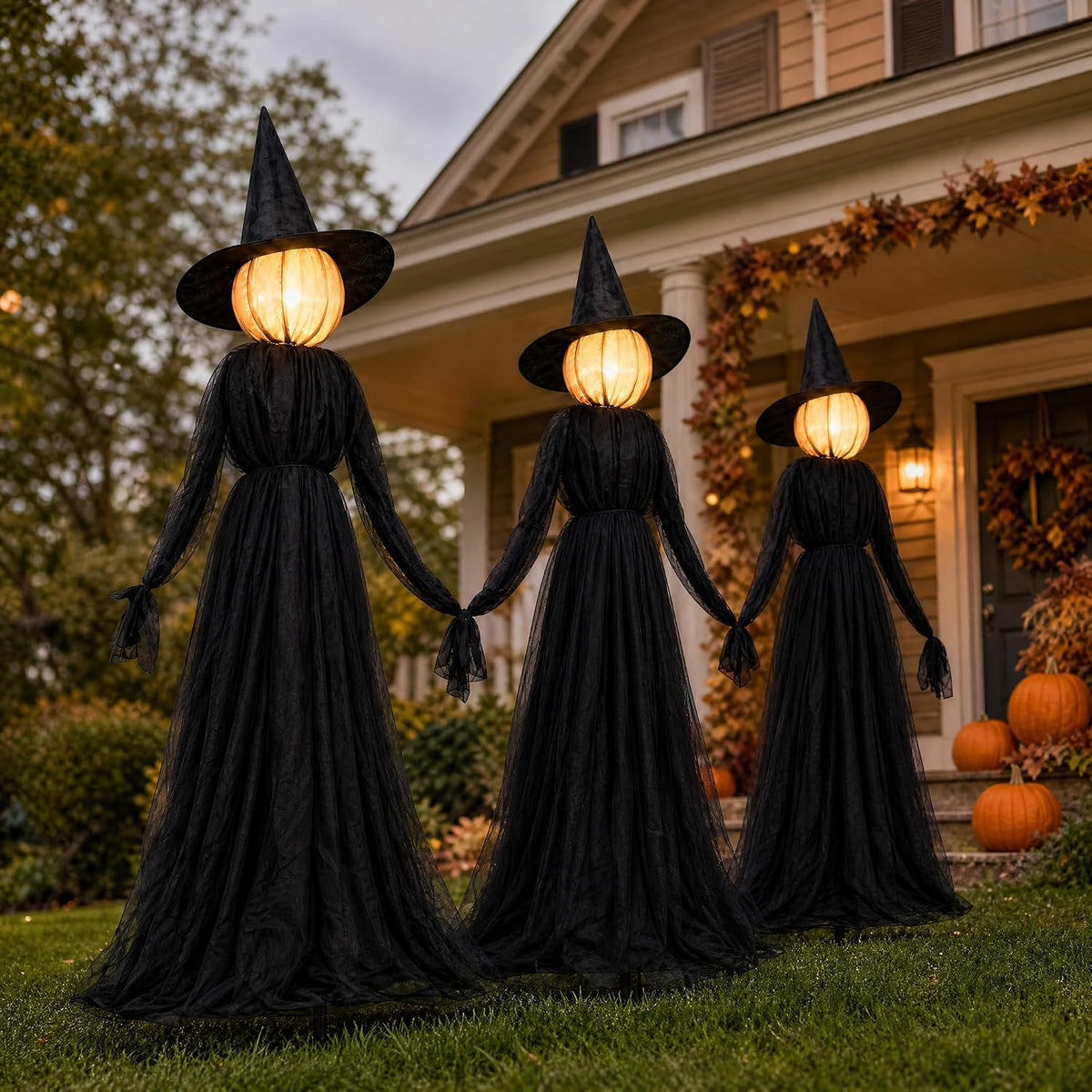 Hourleey Halloween Witch Decorations Outdoor, 5FT Set of 3 Lighted Witches / Waterproof Scary Witch Stakes Battery Operate...