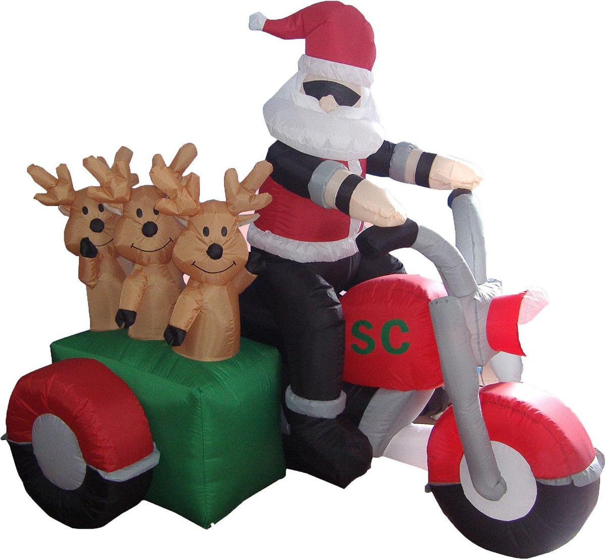 5 FT Lighted Christmas Inflatable Santa & 3 Reindeer on Motorcycle / Powerful Blower for Fast Inflation,