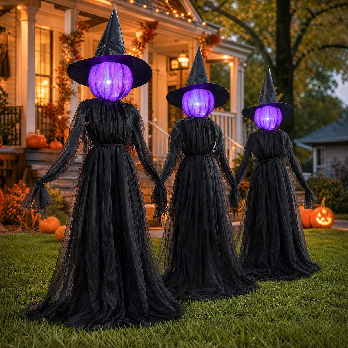 Dazzle Bright Halloween Witch Decorations Outdoor, Set of 3 Light Up Head Holding Hands Witch with Stakes, Waterproof Witc...