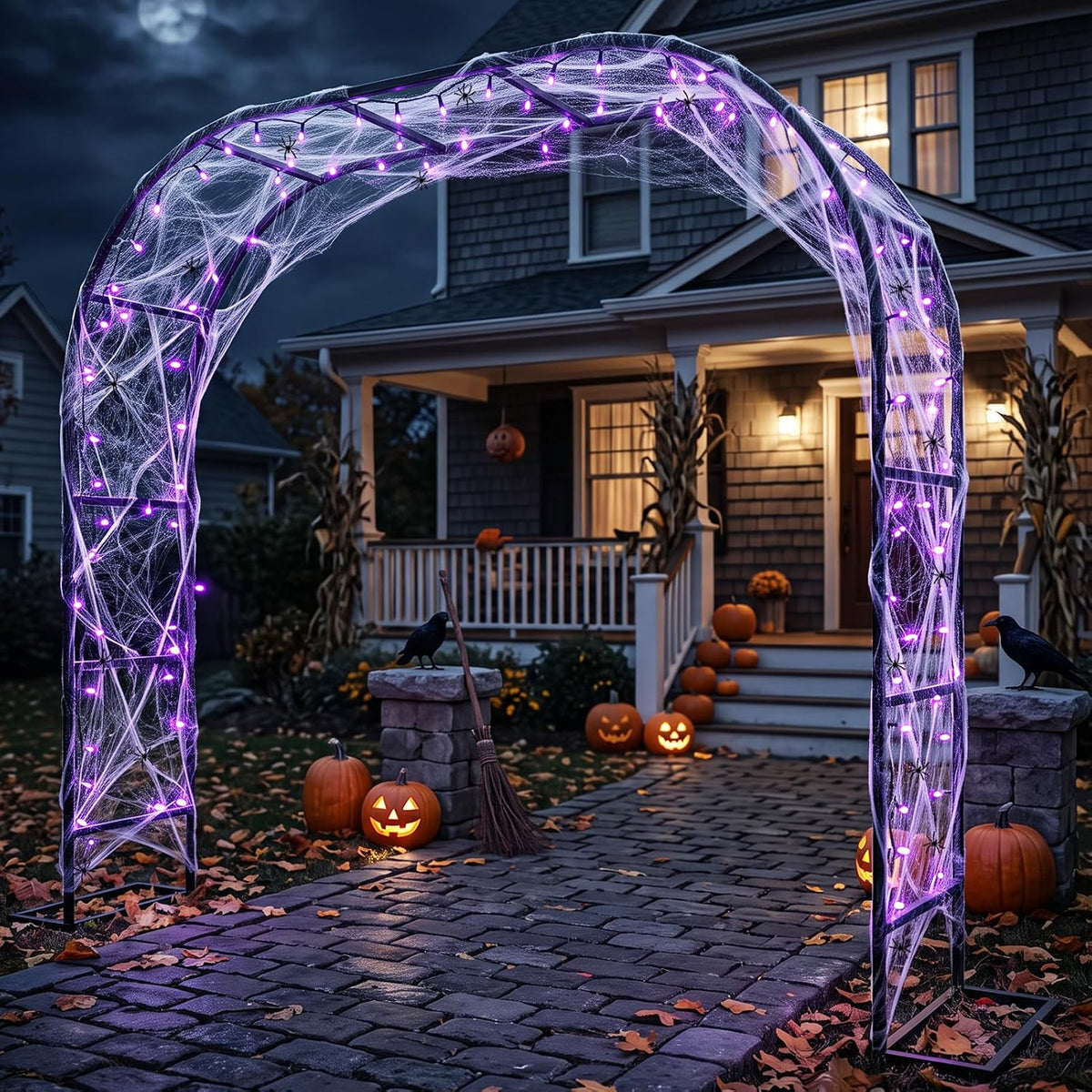 Heavy-Duty Thick Metal Lighted Halloween Archway Outdoor Decorations Kit / Black Arch/50 Spiders/Web/33ft
