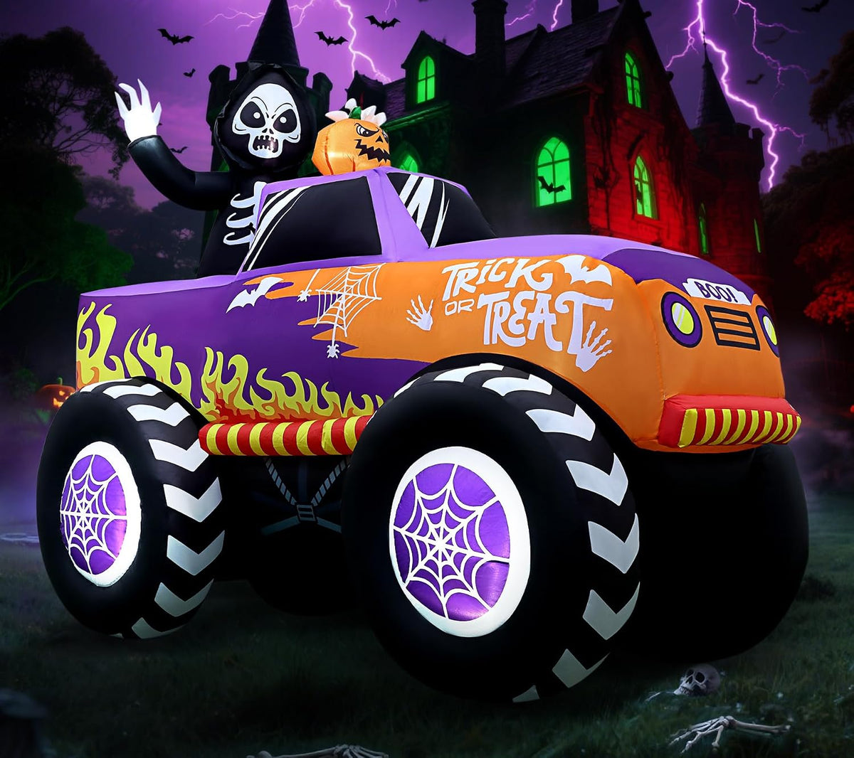 8FT Halloween Inflatables Outdoor Monster Skeleton Truck Built-in 10 LEDs / Scary Blow Up Car Shape