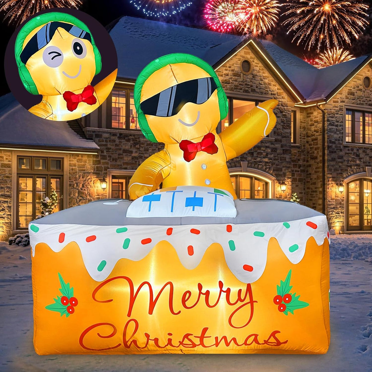 6FT Led Lighted Christmas Inflatables DJ Gingerbread Man Blow Ups for Yard / Waterproof & Fast Self