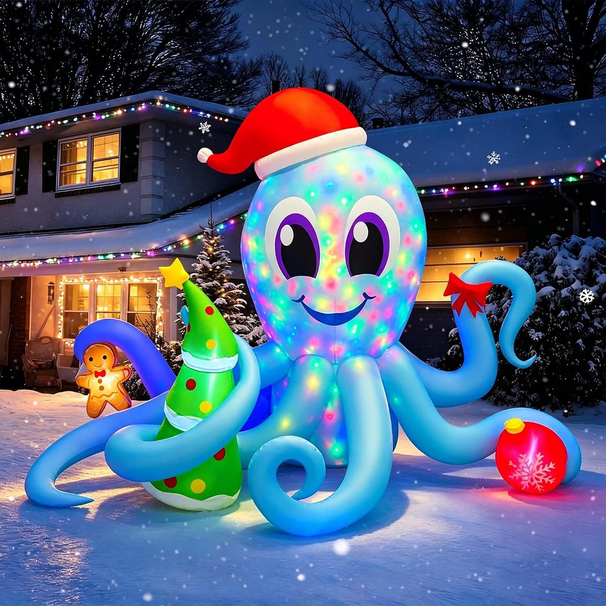 SEASONBLOW 7 FT Long Christmas Inflatable Octopus Decoration, Colorful Rotating Lights Blow Up Christmas