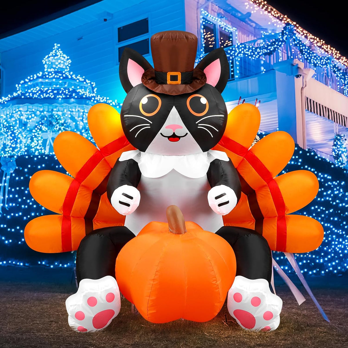 Leyndo 5 ft Height Thanksgiving Cat Inflatable with Built in LED Light, Cat / Thanksgiving Inflatable