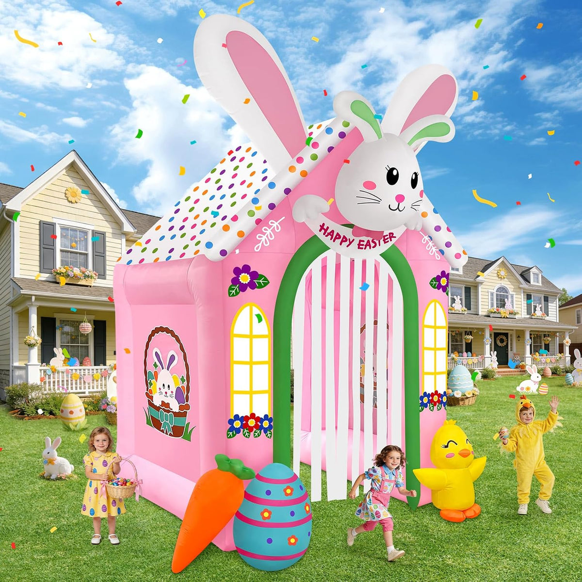 Kalolary 12FT Easter Inflatable Archway, Rabbit Outdoor Inflatables / Large Happy Easter Castle Inflatable