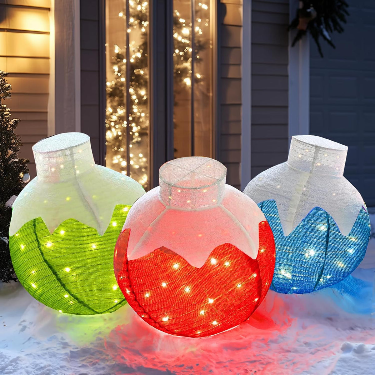 Dazzle Bright Christmas Ball Decorations, 3 Pcs Pre-Lit 270 LED Pop-Up Christmas Ball Set with Base, 8 Modes