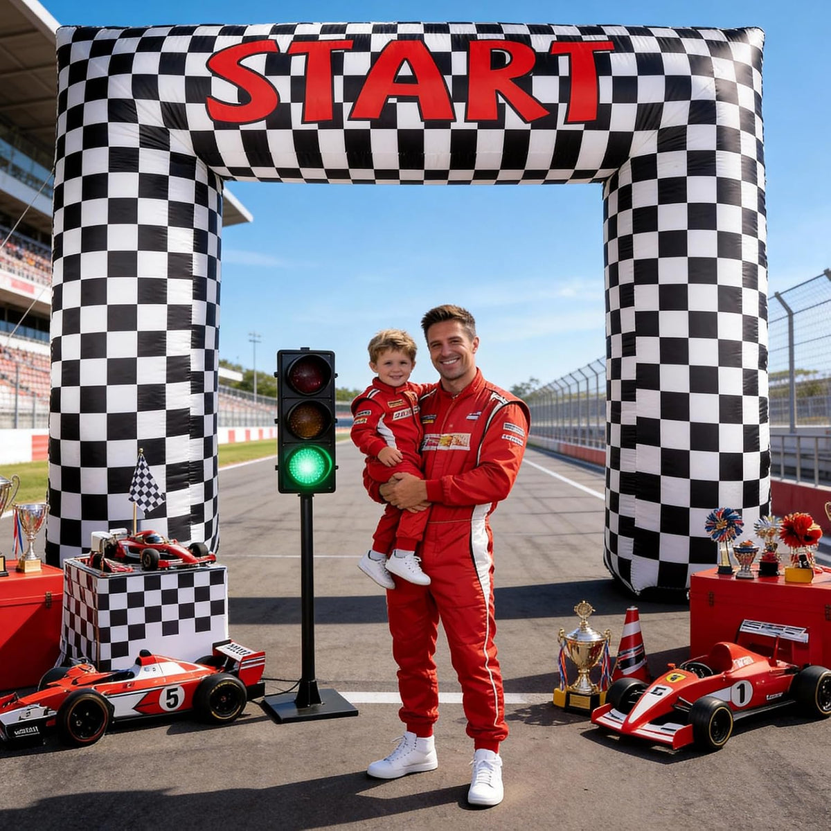 8 Ft Race Car Inflatable Arch Checkered Inflation Arch with LED Light Racing Cars Blow Up Archway
