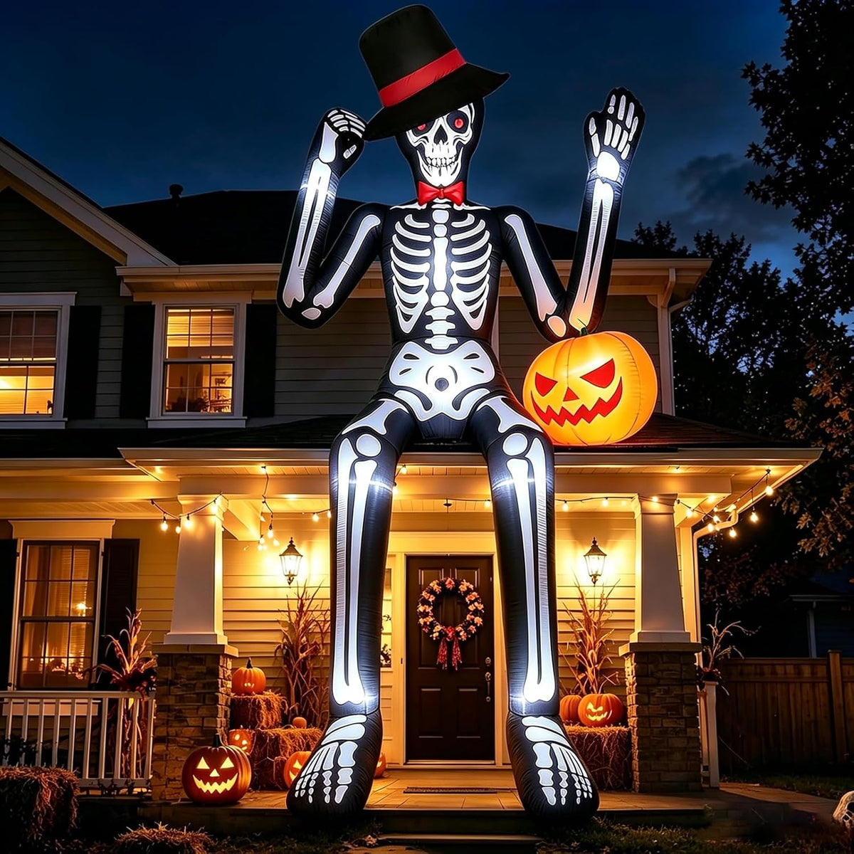 Partyotu 12FT Halloween Inflatables Giant Sitting Skeleton with Pumpkin / Halloween Outdoor Blow Up