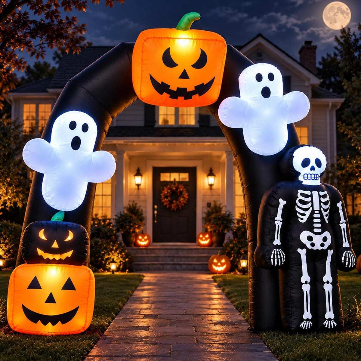 8FT Halloween Inflatable Archway with Pumpkin & Ghost, Built-in LED / Halloween Blow up Arch with Built-in