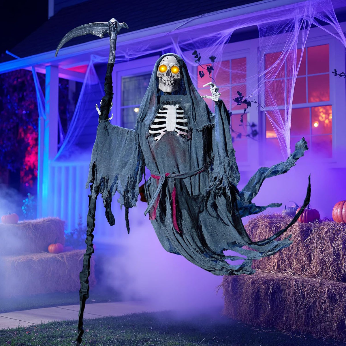 JOYIN Flying Grim Reaper Animated Halloween Decorations Outdoor with Sickle, Spooky Sound Animatronics