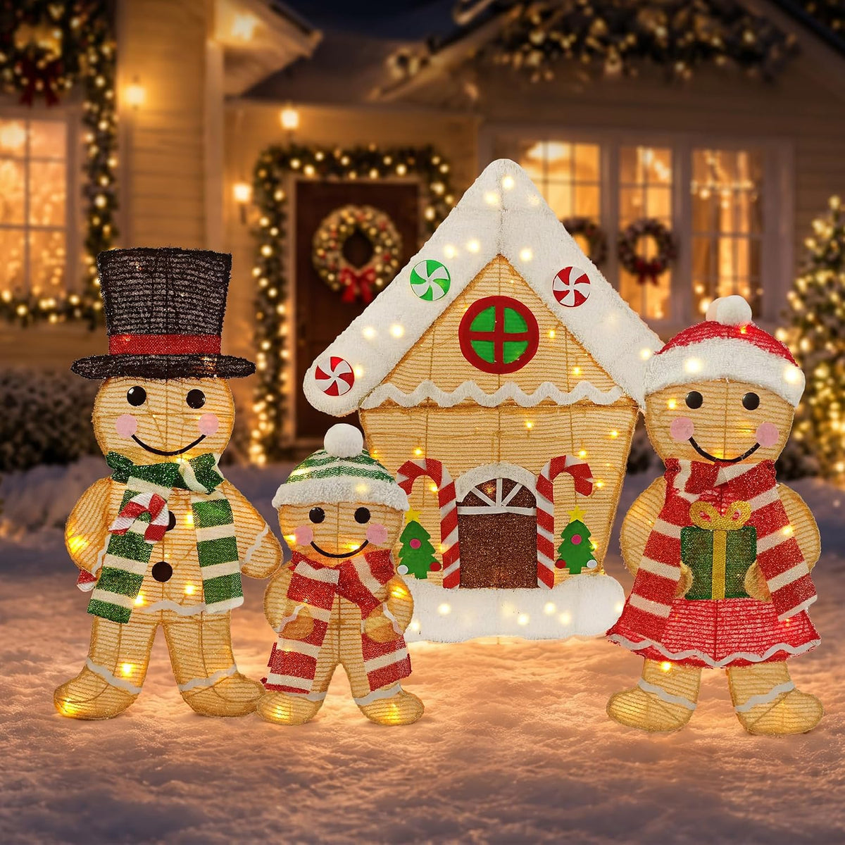 4-Piece 2D Lighted Gingerbread Family Outdoor Christmas Decorations, Gingerbread Man House Set with 100