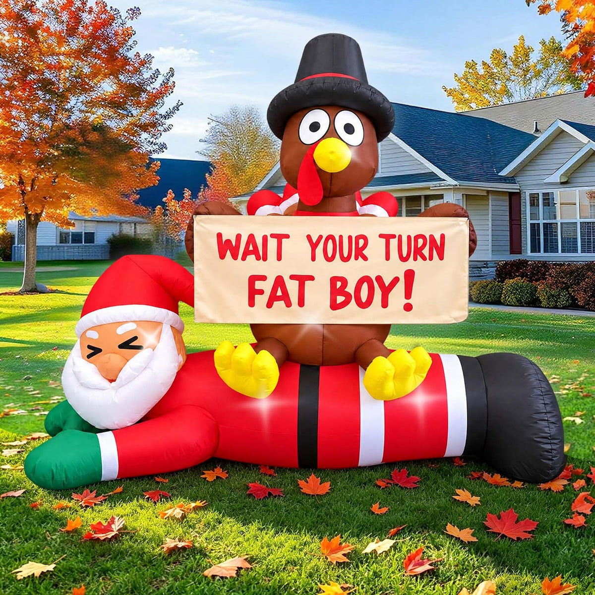 SEASONBLOW 6.4 FT Thanksgiving Inflatable Turkey Sitting on Santa Claus Decoration, Light Up Blow Up Turkey