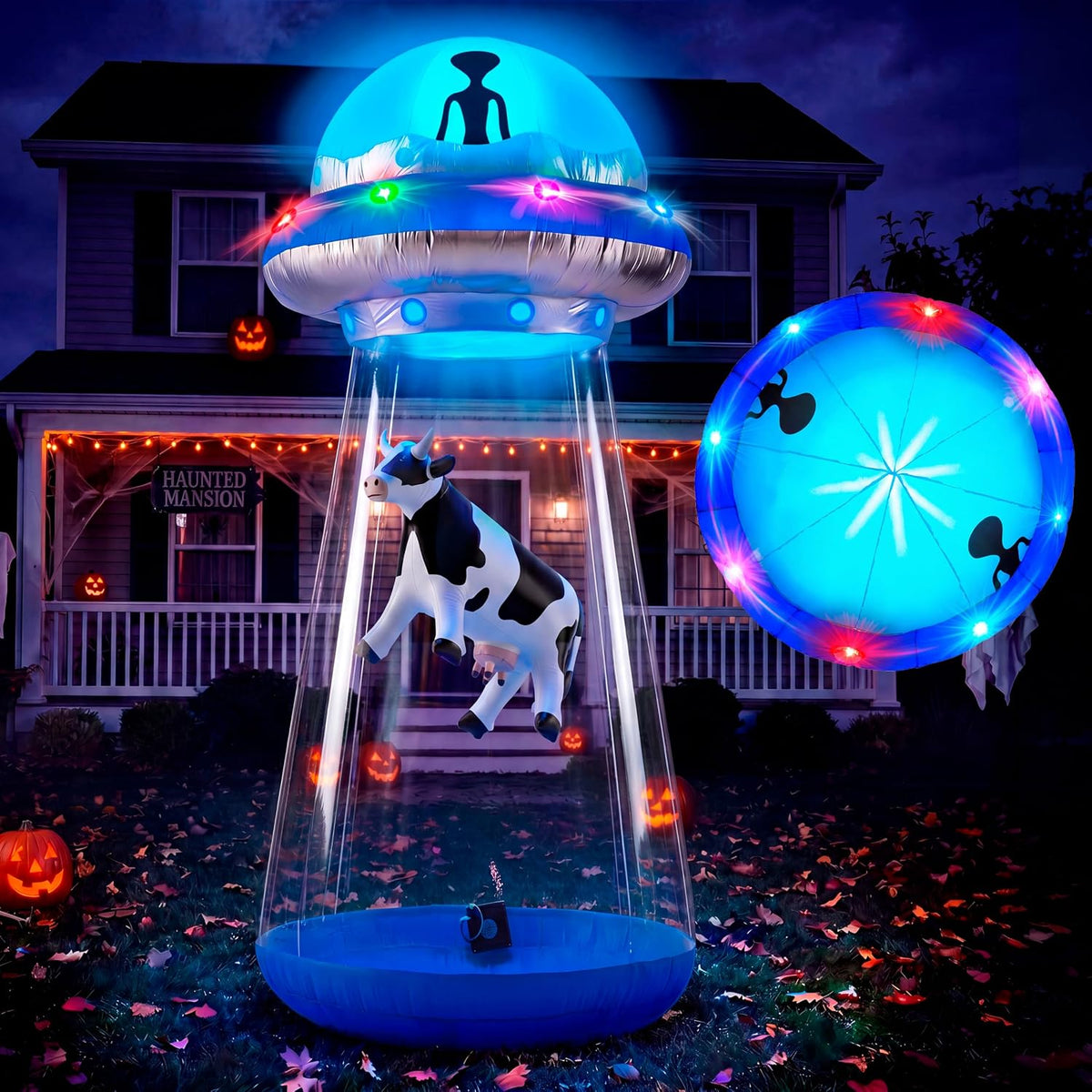 Joiedomi 9 FT Tall Halloween Inflatable UFO Outdoor Decoration, Blow Up Blue Flat Rim UFO with Built-in Color